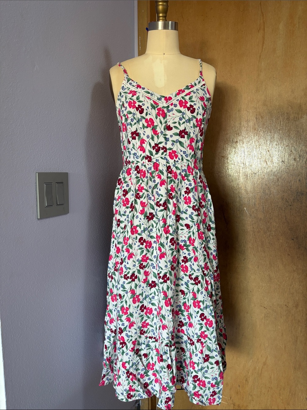 Old Navy White Maxi Dress with Pink & Green Floral Print